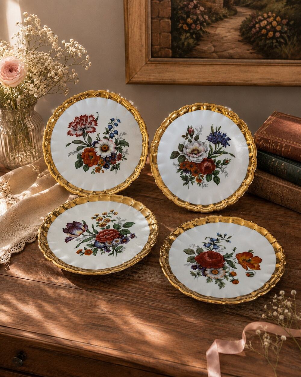 Vintage Golden Crown E&R Western Germany Floral Plates Dishes Set of 4